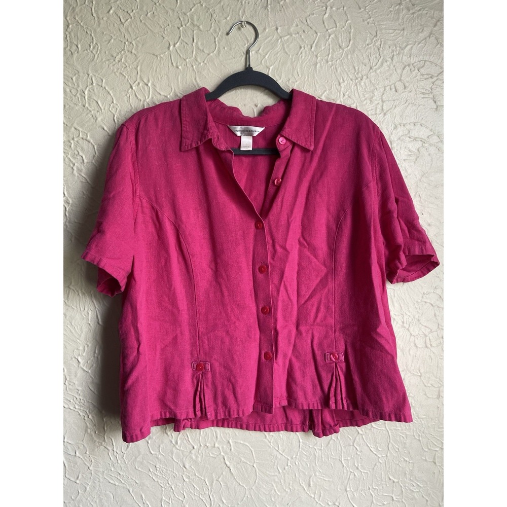 Womens Pink Christopher & Banks Shirt Linen Blend Button Down Short Sleeve Sz L